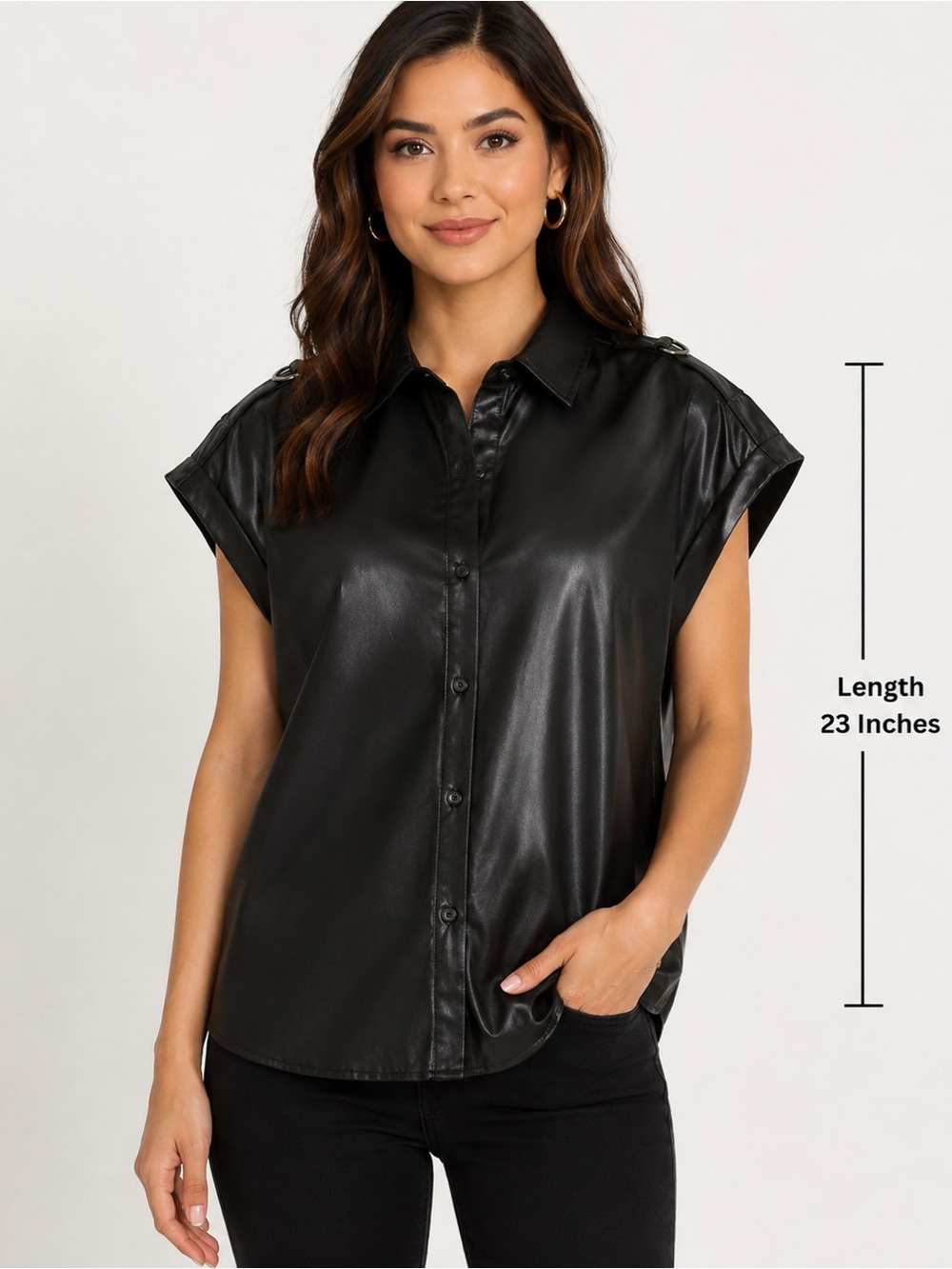 DKNY Women's Black Faux Leather Button-Up
Blouse Size Small - Short Sleeve Top